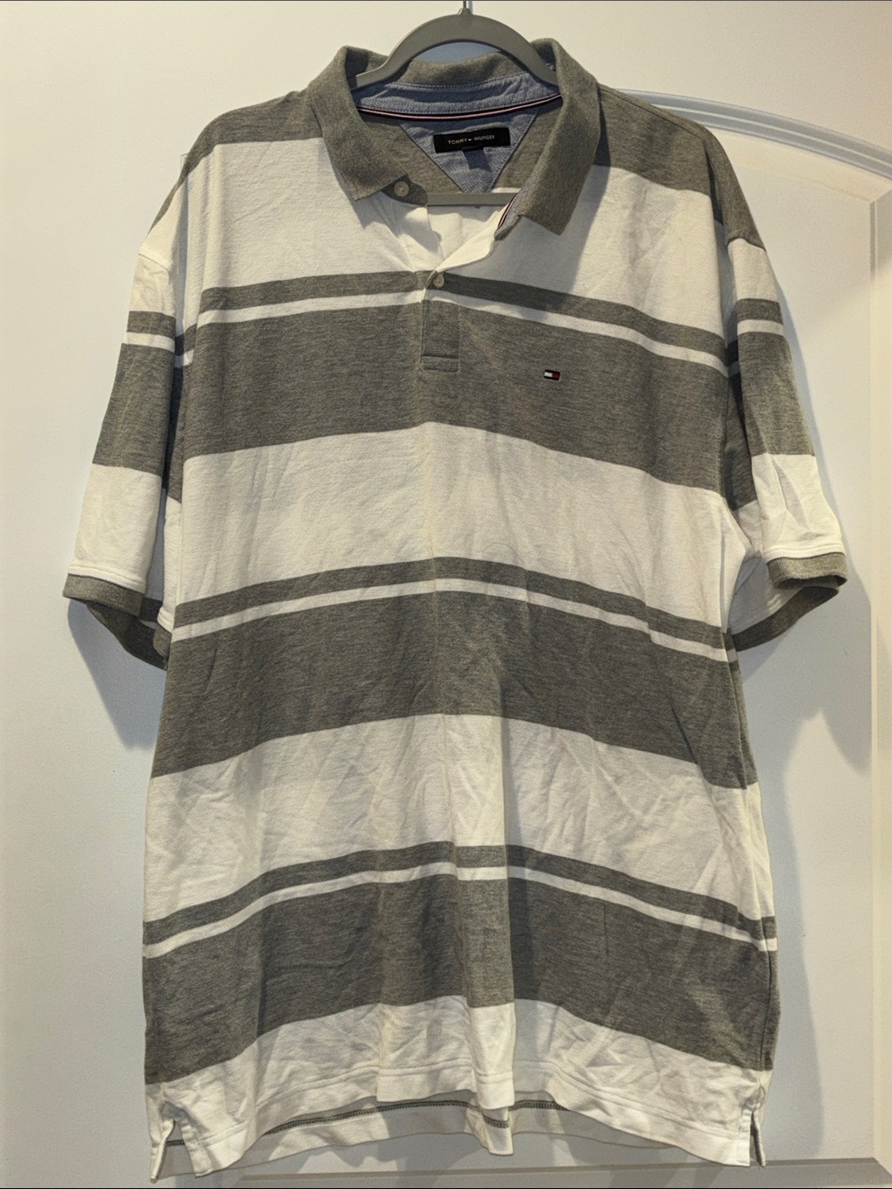 Tommy Hilfiger Men's White and Gray Striped Polo Shirt
